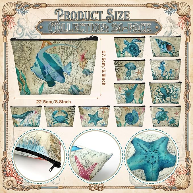 Sweetude 24 Pcs Beach Coastal Makeup Bags Bulk Retro Summer Nautical Portable Travel Cosmetic Bag with Zipper Sea Animals Waterproof Roomy Travel Toiletry Organizer Storage Pouch for Women Ocean Gifts - Image 3