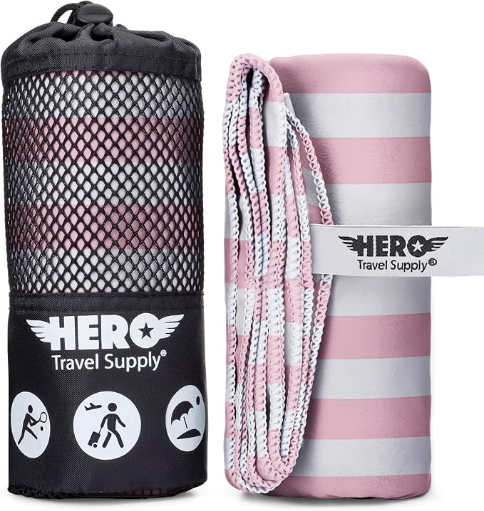 Hero Microfiber Large Beach Towel Compact for Travel (Pink Stripe, 40" x 72") by HeroTravelSupply