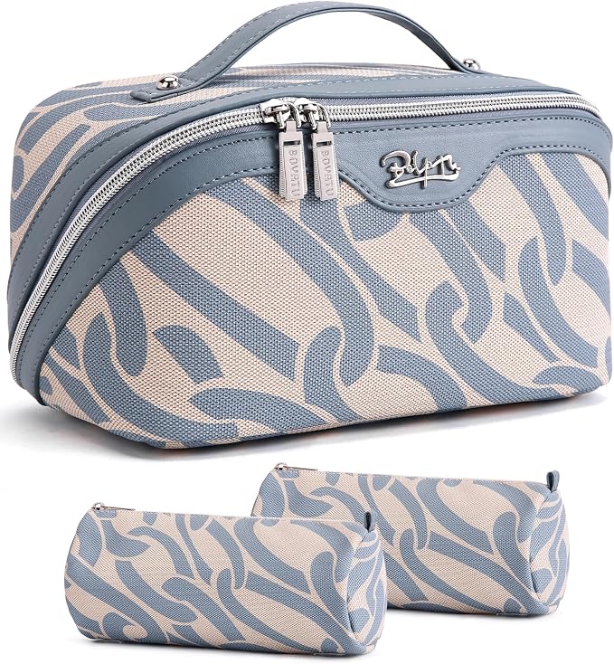 BOYATU Travel Makeup Bag for Women: Large Capacity 3-Piece Cosmetic & Toiletry Organizer - Expands Storage by 50% with 2 Detachable Pouches,Opens Flat for Easy Packing,Waterproof PU Leather(Blue) by BOYATU