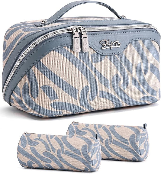 BOYATU Travel Makeup Bag for Women: Large Capacity 3-Piece Cosmetic & Toiletry Organizer - Expands Storage by 50% with 2 Detachable Pouches,Opens Flat for Easy Packing,Waterproof PU Leather(Blue) by BOYATU