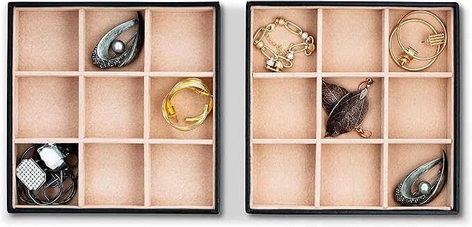 Glenor Co Jewelry Organizer Tray - Set of 2 - Stackable 18 Slots Jewelry Storage Trays - Display on Dresser or Drawer - Compatible with Other Trays - Black - Image 2