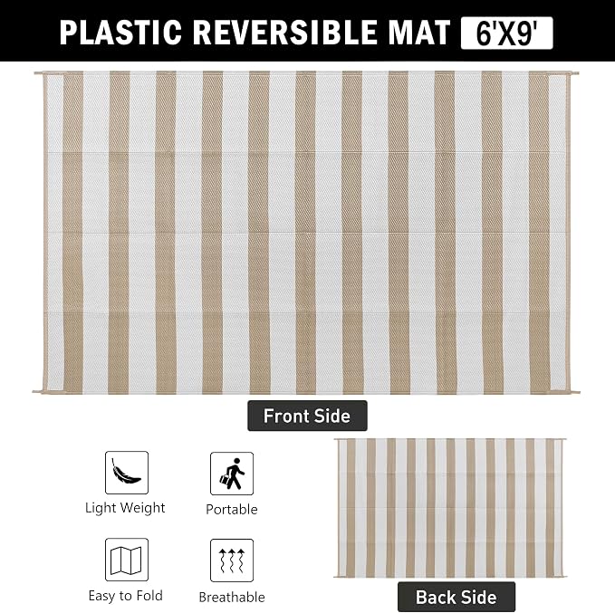 PureCozy Outdoor Waterproof Patio Rug 6x9 Plastic Straw Reversible Lightweight Outside Beige Striped Large Carpet Outdoor for Camping RV Porch Deck Balcony Beach - Image 6