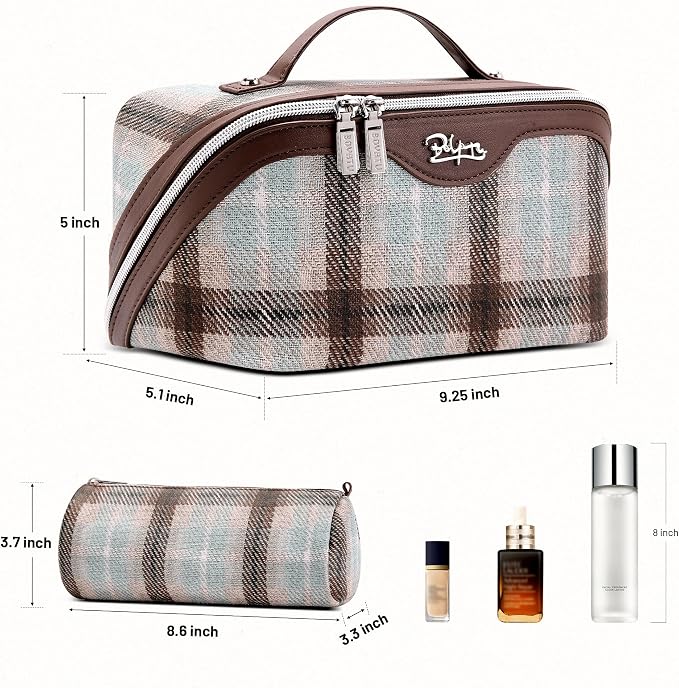 BOYATU Travel Makeup Bag for Women: Scottish Plaid 3 Pcs Set Cosmetic Organizer Bag - 180° Open Large Spacious Holds 50% More Cosmetics - Waterproof Leather Checkered Toiletry Bag (03-Beige) - Image 2