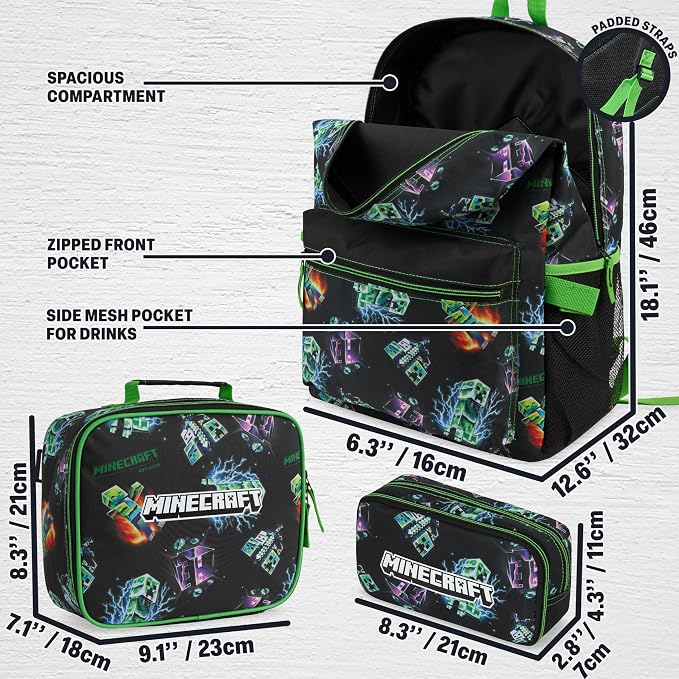 Get Trend Minecraft Kids Backpack Set for Boys with Insulated Lunch Bag & Pencil Case, 3 Pc Book Bag with Padded Straps for School, Travel, Creeper Gamer Gifts for Boys (Multi Creeper) - Image 2