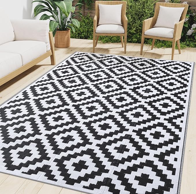 Smiry Waterproof Outdoor Rug 5x8 ft, Reversible Plastic Straw Patio Camping Rugs, Outdoor Indoor RV Mat Carpet for Patio, Outside Entry, Backyard, Deck, Bench, Picnic, Camper, Black & White by Smiry