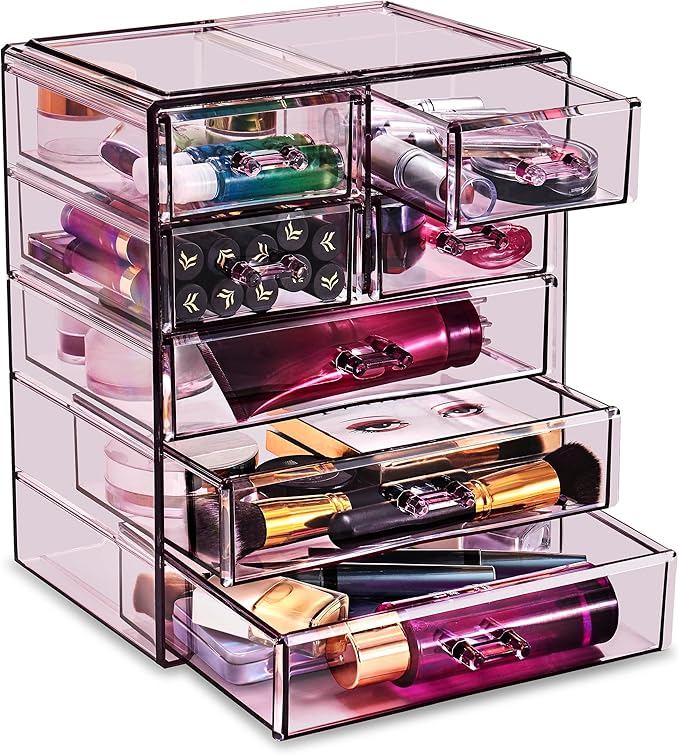 Sorbus Acrylic Makeup Organizer Set, 7-Drawer Vanity & Countertop Cosmetic Storage with Small & Wide Drawers, Purple Makeup Storage for Brushes, Lipsticks, Jewelry – Holiday Gift for Women & Teens by Sorbus