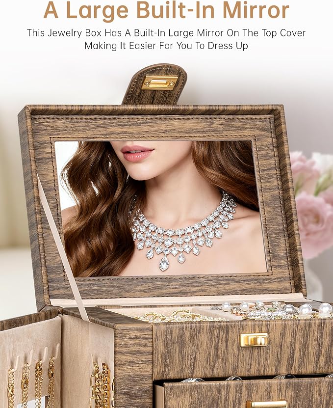 AKOZLIN 6-Tier Jewelry Box Organizer Functional 5 Drawers Leather Jewelry Storage Case for Women Girls Ring Necklace Earring Bracelet Holder Organizer with Mirror Wood Grain 360° Rotating - Image 5