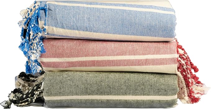 Salt Earth Cotton Turkish Beach Towel, Set of 3, 36"x72", Soft, Quick Dry, Sand Resistant, Absorbent Towels for Bathroom, Home, Travel, Pool, Spa, Bath, Swim - Beach Towels Oversized, Olive/Brick/Blue by SaltEarth