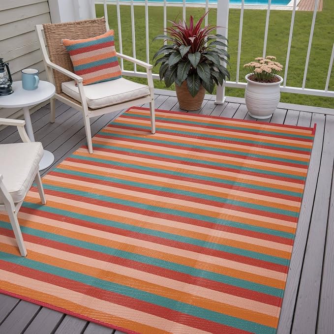 PureCozy Outdoor Waterproof Patio Rug 5x8 Plastic Straw Reversible Outside Orange Red Colorful Striped Carpet Lightweight Large Rug for Camping RV Porch Deck Balcony Beach - Image 3