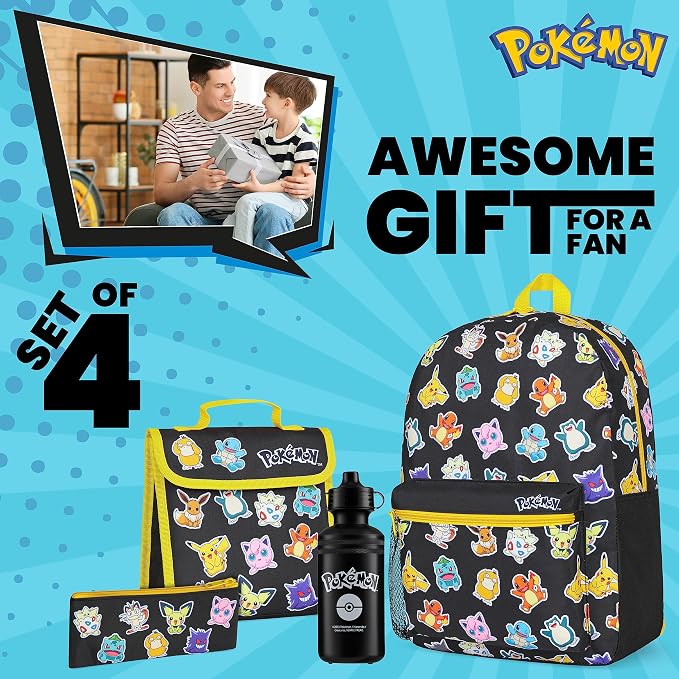 Pokemon Backpack Set 4 Pcs for Kids with Backpack Water Bottle Pencil Case Lunch Bag or Wallet Anime School Supplies Gifts (Black/Multi) - Image 3
