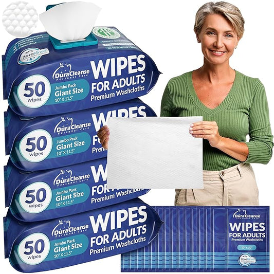 XL Body Wash Wipes for Adults No Rinse Bathing & Elderly Incontinence (4pk) - 200 Ct. + 16 Travel Bath Wipes, 10" x 11.5" Disposable Washcloths for Adult Surgery Recovery & Elder Care