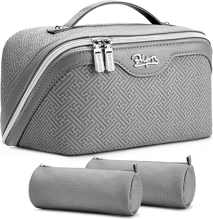 BOYATU Travel Makeup Bags for Women: Vintage Roman Column Texture | Each Journey, Quiet Luxury Serenity - 3 Pcs Set Large Capacity Cosmetic Bag Organizer Toiletry Purse(Grey) by BOYATU