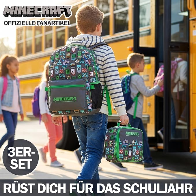 Get Trend Minecraft Kids Backpack Set for Boys with Insulated Lunch Bag & Pencil Case, 3 Pc Book Bag with Padded Straps for School, Travel, Creeper Gamer Gifts for Boys (Grey/Green Minecraft) - Image 4