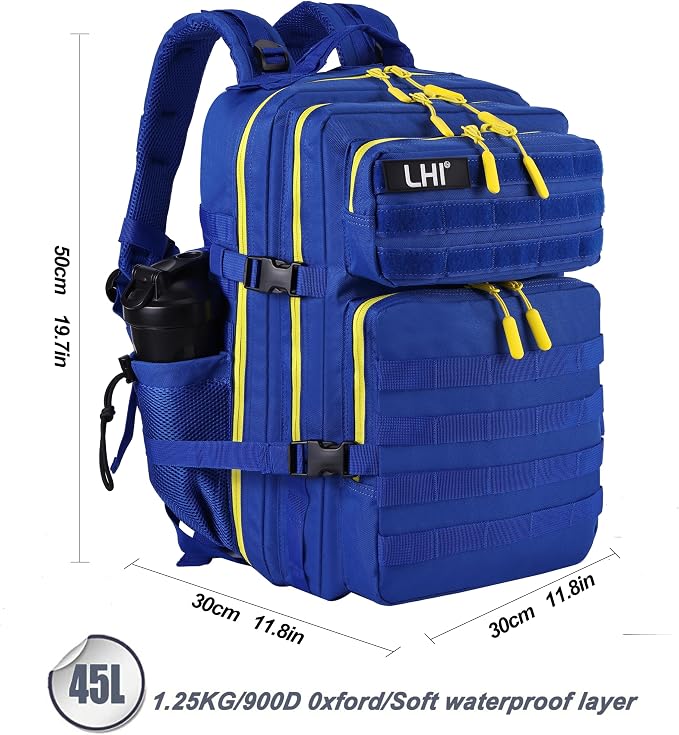 LHI Military Tactical Backpack for Men and Women 45L Army 3 Days Assault Pack Bag Large Rucksack with Molle System - Blue with yellow zipper - Image 3