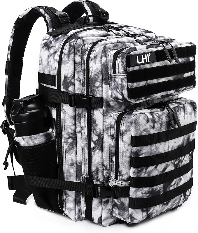 LHI Military Tactical Backpack for Men Molle Daypack 45L Army 3 Days Assault Pack Bag Large Rucksack With Bottle Holder Black and White(12*20*12) by LHI