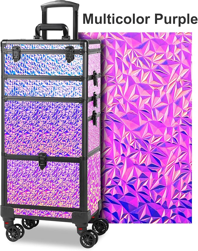 Rolling Makeup Case with Large Drawer, Makeup Train Case with Tray, Cosmetology Case on Wheels, Travel Makeup Case Organizers, Professional for Salon Barber, Nail, Tattoo, Multicolor Purple - Image 9