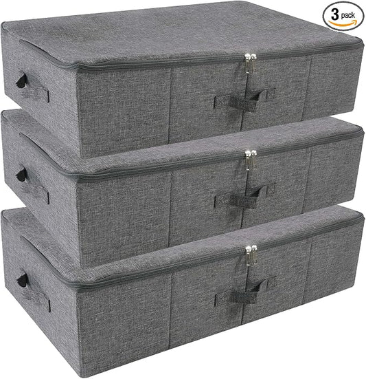 iwill CREATE PRO Folding Washable Rigid Underbed Storage Boxes with Zip Lid for Garment, Clothing, Blankets for Bedroom, College Dormroom, Wardrobe, Shelf Baskets, Pack of 3, Black Gray by iwillCREATEPRO