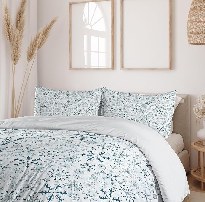 Ambesonne Winter Duvet Cover Set, Merry Xmas Theme Delicate Snowflakes Cold Freezing Weather Vintage Holiday Pattern, Decorative 3 Piece Bedding Set with 2 Pillow Shams, Queen Size, Teal White - Image 6