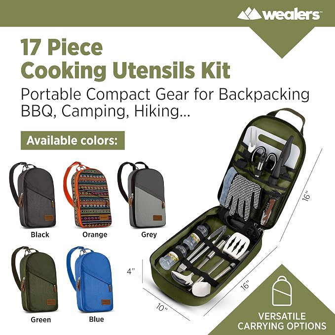 Wealers Camp Kitchen Cooking Utensil Set Travel Organizer Grill Accessories Portable Compact Gear for Backpacking BBQ Camping Hiking Travel Cookware Kit Water Resistant Case - Image 8