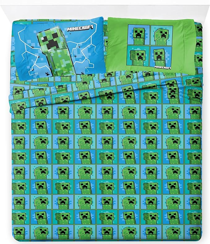 Jay Franco Kids Sheet Set with Fitted, Flat Sheets & Pillow Cover - Ultra-Soft Bedding with Pillowcase for Room Decor, Blue - Minecraft Creeper, 4 Piece Full by JayFranco