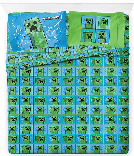 Jay Franco Kids Sheet Set with Fitted, Flat Sheets & Pillow Cover - Ultra-Soft Bedding with Pillowcase for Room Decor, Blue - Minecraft Creeper, 4 Piece Full by JayFranco