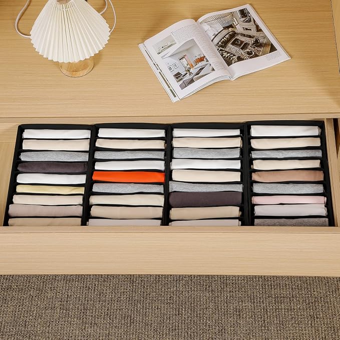 4 Packs T-shirt Drawer Organizers for Clothing,10 Grids Compartment Wardrobe Storage Box, Washable Clothes Organizer for Folded Clothes, T-shirt, Legging-Black - Image 6