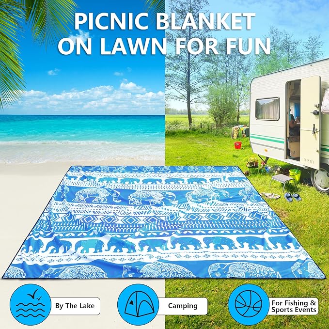 HIHOHO Beach Blanket Waterproof Sandproof Beach Mat for 1-8 Adults Quick Drying Durable Outdoor Picnic Mat for Beach Festival Travel Camping Hiking (Elephant-GC BL, 79"×83"(4 Person)) - Image 6