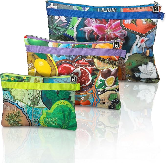 Nabila K Set of 3 Travel Pouches - Part of the Voyager's Garden Collection - 3 Different Sizes - Smallest Meets Most Guidelines for Liquids & Carry On - Zipper Closure by NabilaK