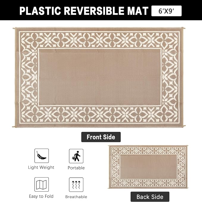 PureCozy Outdoor Plastic Straw Rug Beige Brown Large Outside Waterproof Outdoor Patio 6x9 Carpet Geometric Reversible Mat Modern for Camping RV Porch Deck Balcony Beach - Image 5