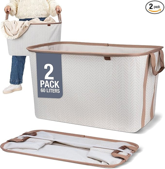 CleverMade Collapsible Laundry Basket LUXE 2 Pack – 60 L (16 Gal) Foldable Cotton Blend Clothes Hamper with Vegan Leather Accents, Reinforced Handles, Space Saving Laundry Bin Holds 55 lbs - Cream by CleverMade