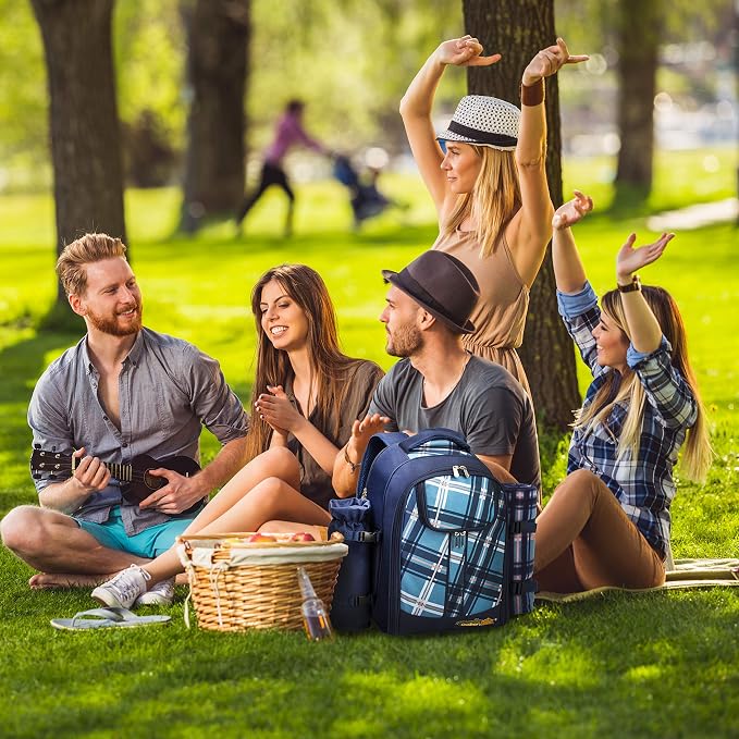 Apollo walker Picnic Backpack Set for 4 with Cooler Compartment,Detachable Bottle/Wine Holder Including Large Picnic Blanket(45"x 53") for Picnic Family and Lovers Gifts,Outdoor,BBQ Time (Blue) - Image 7