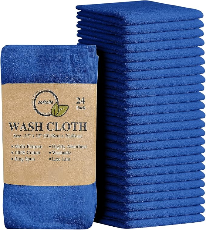 100% Cotton Washcloths 24 Pack (12x12 Inches) Soft, Highly Absorbent Washcloth, Face Towels, Wash Cloths for Face, Ring Spun, Bulk Pack (Royal Blue) by Softolle