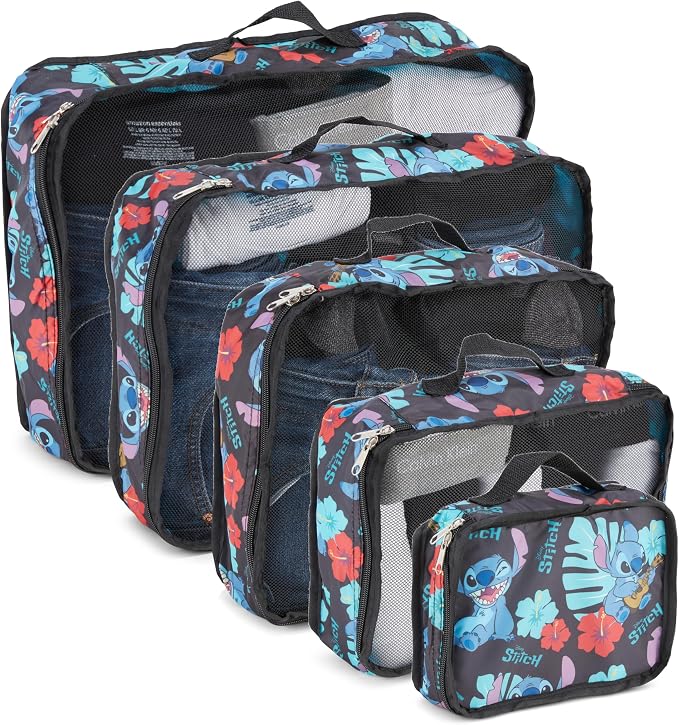 Disney Minnie Mickey Stitch Packing Cubes - Winnie the Pooh, Princess Cinderella, Cars, Toy Story 5 Piece Packing Cubes Compression - Travel Essential - Luggage Suitcase Organizer Set by Disney