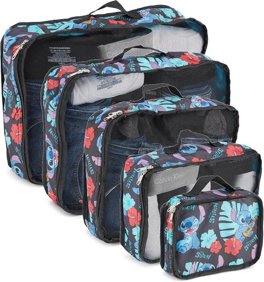 Disney Minnie Mickey Stitch Packing Cubes - Winnie the Pooh, Princess Cinderella, Cars, Toy Story 5 Piece Packing Cubes Compression - Travel Essential - Luggage Suitcase Organizer Set by Disney