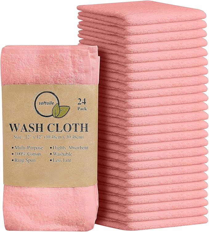 100% Cotton Washcloths 24 Pack (12x12 Inches) Soft, Highly Absorbent Washcloth, Face Towels, Wash Cloths for Face, Ring Spun, Bulk Pack (Pink) by Softolle