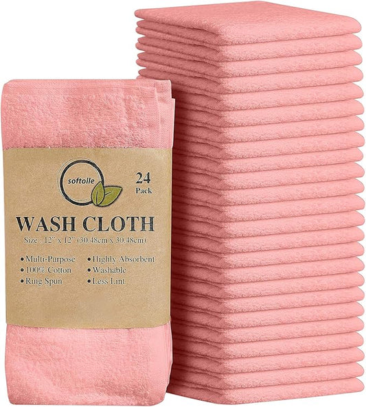 100% Cotton Washcloths 24 Pack (12x12 Inches) Soft, Highly Absorbent Washcloth, Face Towels, Wash Cloths for Face, Ring Spun, Bulk Pack (Pink) by Softolle