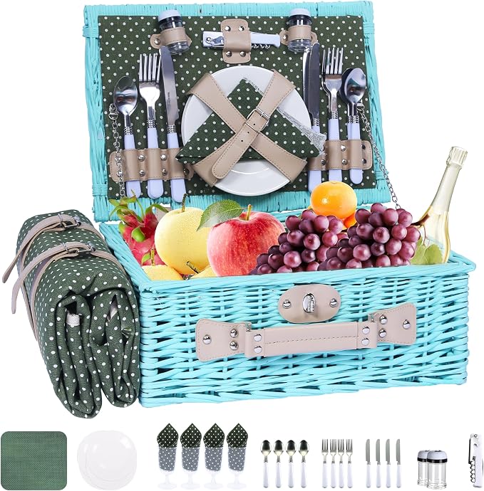 YPshuye Picnic Basket Set for 4 with Waterproof Blanket Mat Insulation Bag Wicker Blue Green Light Hawaiian Tropical Style Gift for Wedding Birthday Summer Camp Outdoor Camping Beach Travel Christmas by YPshuye