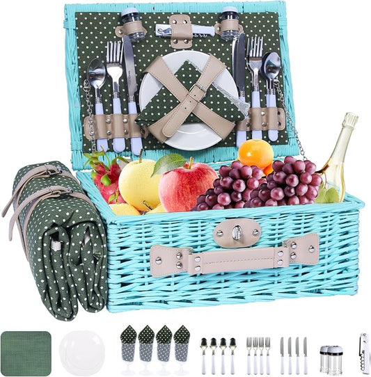 YPshuye Picnic Basket Set for 4 with Waterproof Blanket Mat Insulation Bag Wicker Blue Green Light Hawaiian Tropical Style Gift for Wedding Birthday Summer Camp Outdoor Camping Beach Travel Christmas by YPshuye