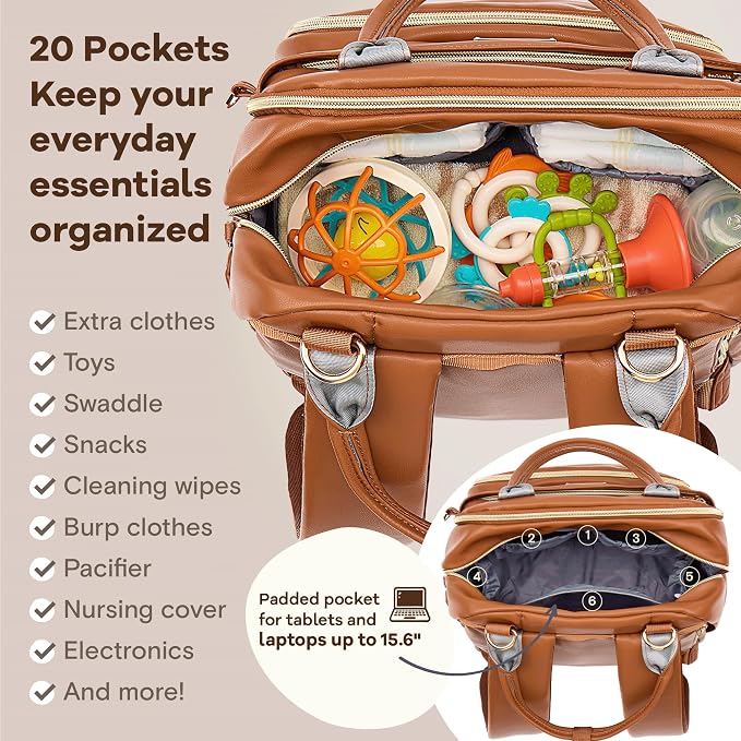 RUVALINO Diaper Bag Backpack, Multifunction Travel Pack Maternity Baby Changing Bags, Large Capacity, Waterproof, Brown - Image 4