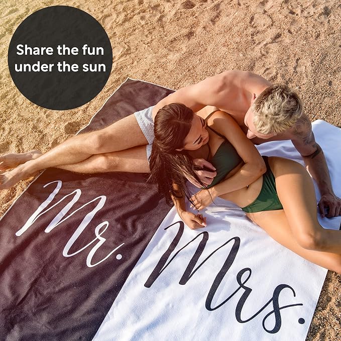 Ethisa Mr and Mrs Beach Towel - Honeymoon Just Married Towel For Beach - Wedding Gift for Newlywed Couple - Shareable Bride and Groom Towel Set - Thin Travel Friendly His and Her Beach Towel - 78"x59" - Image 3