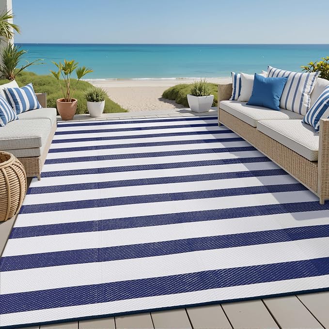 PureCozy Outdoor Waterproof Patio Rug 8x10 Plastic Straw Reversible Lightweight Outside Navy Blue Striped Large Carpet Outdoor for Camping RV Porch Deck Balcony Beach by PureCozy