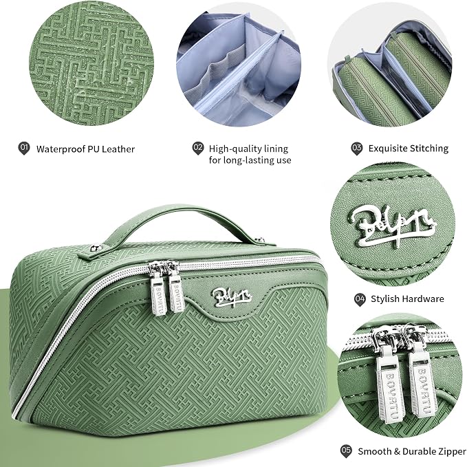 BOYATU Travel Makeup Bags for Women: Vintage Roman Column Texture | Each Journey, Quiet Luxury Serenity - 3 Pcs Set Large Capacity Cosmetic Bag Organizer Toiletry Purse(Green) - Image 4
