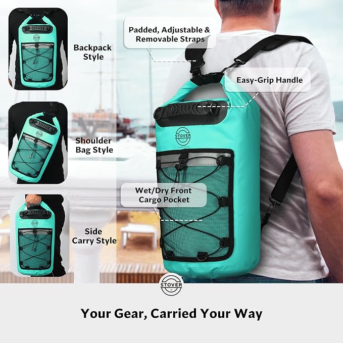 STOVER 5/10/25/30/40L Waterproof Dry Backpack & Phone Case- Large Floating Dry Bag for Kayaking, Travel, Hiking, Fishing, Camping, Motorcycles & Beach, Heavy-Duty Roll Top Men/Women (Teal) - Image 3