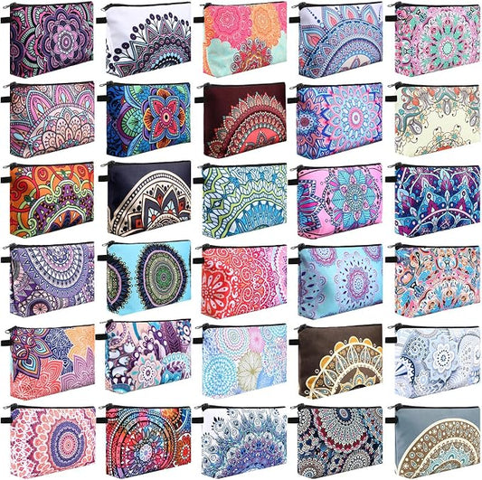 Dunzy 30 Pcs Bulk Makeup Bag for Women Appreciation Gifts for Teacher Canvas Cosmetic Bags with Zipper Pouches Waterproof Travel Toiletry Organizer for Girls Mother Teacher Nurse Bridesmaids (Mandala) by Dunzy