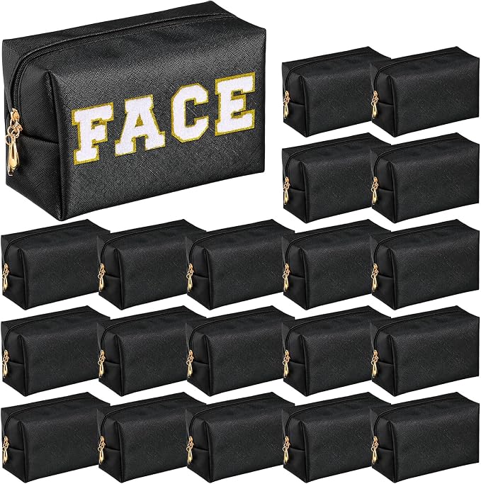 20 Pcs Preppy Makeup Bags PU Leather Cosmetic Pouch with Zipper Waterproof Make up Bags Toiletry Beauty Container for Women Bridal Shower Favors End of the Year Teacher Gifts(Black) by Cunno