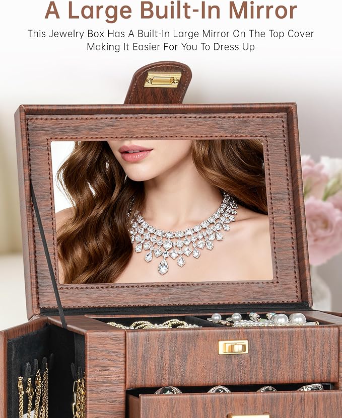 AKOZLIN 6-Tier Jewelry Box Organizer Functional 5 Drawers Leather Jewelry Storage Case for Women Girls Ring Necklace Earring Bracelet Holder Organizer with Mirror Red 360° Rotating - Image 5