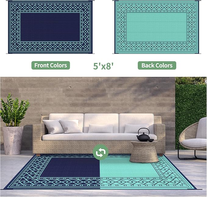 GENIMO Outdoor Rug, Waterproof Plastic Rugs for Patio, 5'x8' Blue Green | Outside Larger Modern Carpet Mat for Porch Decor, Deck, Balcony, Camping, RV, Backyard, Picnic, Beach, Reversible - Image 3