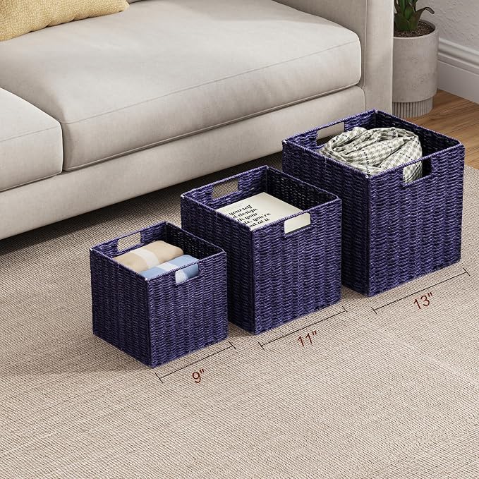 Vagusicc Wicker Storage Basket, Set of 2 Hand-Woven Paper Rope Wicker Basket, Foldable Cube Storage Bins, 9 inch Square Storage Baskets for Organizing Shelves & Decor, Purple (9″×9″×9″) - Image 4