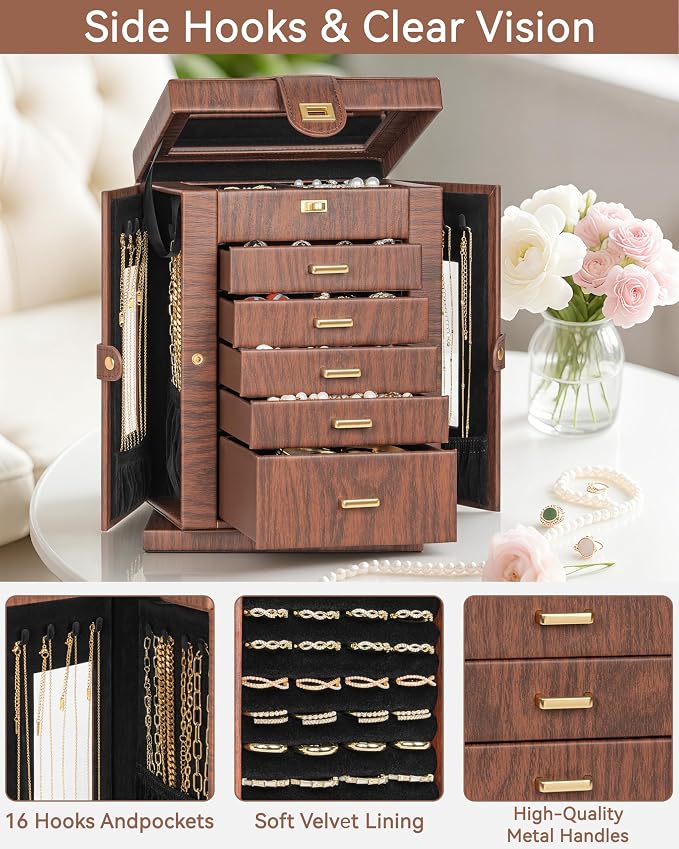 AKOZLIN 6-Tier Jewelry Box Organizer Functional 5 Drawers Leather Jewelry Storage Case for Women Girls Ring Necklace Earring Bracelet Holder Organizer with Mirror Red 360° Rotating - Image 6