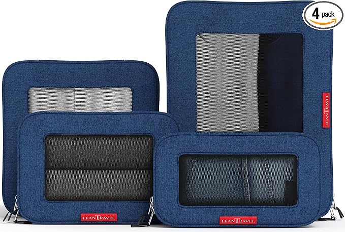 LeanTravel Premium Compression Packing Cubes for Travel - Suitcase Organizer Bags with Double Zipper & Breathable Mesh Panel - Space Saving Carry On Luggage Essentials (4-Pack, Navy Blue) by LeanTravel
